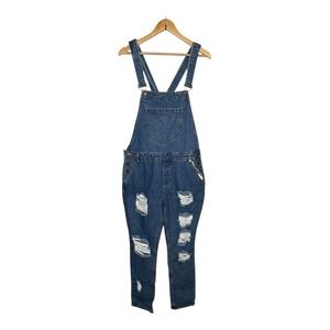Iris Jeans Distressed‎ Denim Overalls Ripped Holes Med Wash Women Size Large New